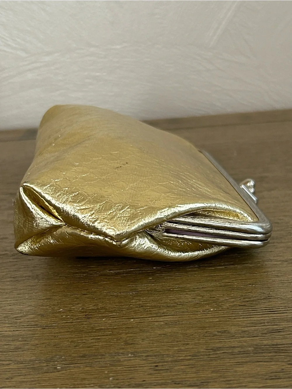 Vintage MCM Celebrity New York Gold Metallic  Clutch Bag. Pink Lined Made in USA